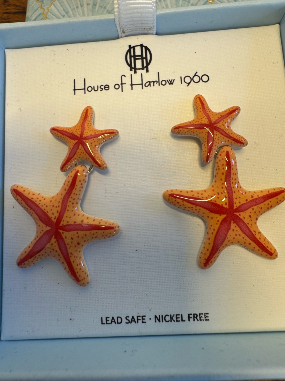 NIB House of Harlow 1960 Orange and Red Enamel Double Starfish Drop Earrings - Picture 2 of 4